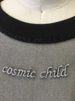 Womens, Top, TEE AND CAKE, Black, Silver, Metallic, Polyester, Text, 2, See-Thru Black Net with Metallic Glitter Sparkles, Long Sleeves, Crop Top, "cosmic child" Embroidered Text at Center Front Neck
