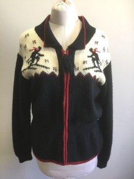 Womens, Sweater, RALPH LAUREN, Black, Cream, Red, Wool, Novelty Pattern, M, Black with Cream Shoulders/Upper Chest, with Black Skiing People and Pine Trees Novelty Pattern, Red Accents Throughout, Long Sleeves, Zip Front, Wing Tip Collar, Form Fitting Waist That Flares Out in Peplum Like Manner at Hem