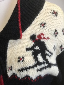 RALPH LAUREN, Black, Cream, Red, Wool, Novelty Pattern, Black with Cream Shoulders/Upper Chest, with Black Skiing People and Pine Trees Novelty Pattern, Red Accents Throughout, Long Sleeves, Zip Front, Wing Tip Collar, Form Fitting Waist That Flares Out in Peplum Like Manner at Hem