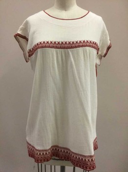 THE GREAT, Ivory White, Dk Red, Cotton, Novelty Pattern, Ivory with Dark Red Embroidery, Short Sleeve,