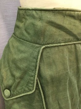 N/L, Green, Linen, Solid, 2.5" Wide Self Waistband with Snap Closures At Center Front, Hidden Under Vertical Pleat, At Side Hips There Are 2 Pockets with Pointed Pocket Flaps, Snap Closures, Self Piping Trim At Pockets, Waist, Gathered At Center Back Waist, Ankle Length Hem,