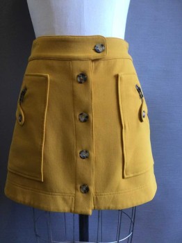 Womens, Skirt, Mini, VERONIKA BEARD, Mustard Yellow, Polyester, Solid, 4, Button Front, Button Tab Waistband, 2 Patch Pocket with Zips and Button Tabs