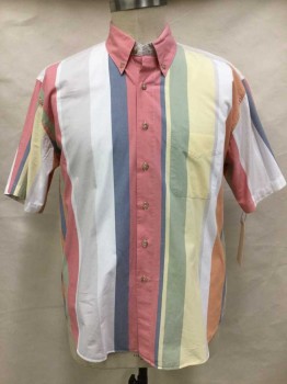 VAN HEUSEN, Multi-color, Cotton, Stripes, Red/yellow/orange/navy/lt Gray/white/green Stripes, Button Down Collar, Short Sleeve,  1 Pocket,