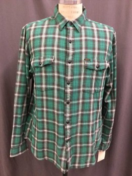 RALPH LAUREN, Emerald Green, White, Black, Cotton, Plaid, Button Front, Collar Attached, Long Sleeves, 2 Flap Pocket, Flannel