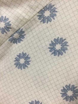 N/L, White, Slate Blue, Gray, Cotton, Polyester, Geometric, Grid , White with Gray Grid Pattern, Slate Blue Starbursts/Circles, White Twill Edging, Short Sleeves, Open in Back with Self Ties at Center Back Neck