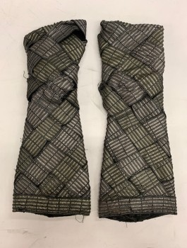 Unisex, Sci-Fi/Fantasy Gauntlets, BILL HARGATE, Pewter Gray, Silver, Black, O/S, Pair of Gauntlets, Basketweave Texture Wide Fabric Strips, Velcro Patches, Thumb Hole, Black Zipper at Wrist