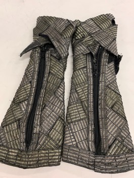BILL HARGATE, Pewter Gray, Silver, Black, Pair of Gauntlets, Basketweave Texture Wide Fabric Strips, Velcro Patches, Thumb Hole, Black Zipper at Wrist