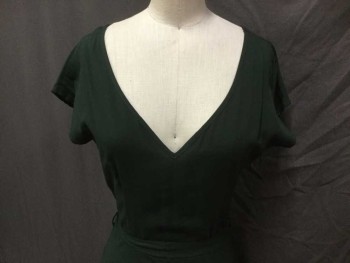 TYSA, Dk Green, Rayon, Solid, Deep Wide V-neck, Cut-off Short Sleeves, Fitted, W/self Detached  BELT, 3/4 Length
