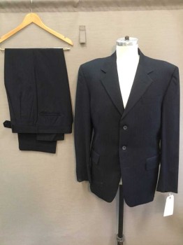 Mens, Suit, Jacket, VITO RUFOLO, Navy Blue, Wool, Stripes - Pin, 42R, Single Breasted, 3 Button, Dark Navy with Brown Pinstripes