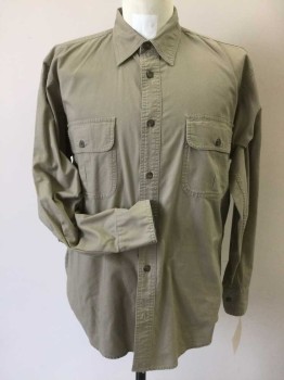 CABELAS, Khaki Brown, Cotton, Solid, Button Front, Collar Attached, Long Sleeves, 2 Button Flap Pleated Pockets, Elbow Patches