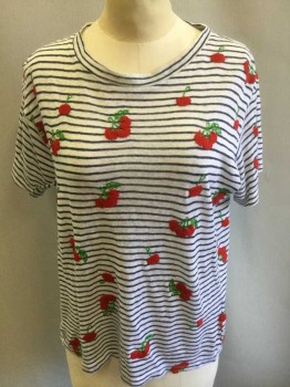 Womens, Top, N/L, White, Navy Blue, Red, Green, Linen, Stripes - Horizontal , Novelty Pattern, B:38, Knit/Jersey, White with Navy Horizontal Stripes with Red and Green Cherries Embroidered, Short Sleeve,  Crew Neck