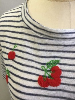 N/L, White, Navy Blue, Red, Green, Linen, Stripes - Horizontal , Novelty Pattern, Knit/Jersey, White with Navy Horizontal Stripes with Red and Green Cherries Embroidered, Short Sleeve,  Crew Neck
