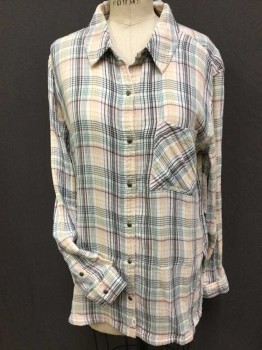 Womens, Shell, MELROSE & MARKET , Cream, Gray, Sea Foam Green, Pink, Goldenrod Yellow, Cotton, Plaid, Herringbone, M, Cream W/gray, Pink, Goldenrod Plaid, Collar Attached, Button Front, 1 Pocket, Long Sleeves,