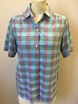 FIRE ISLAND, Aqua Blue, Pink, Magenta Purple, Teal Green, Yellow, Cotton, Polyester, Plaid, Short Sleeve Button Front, Collar Attached
