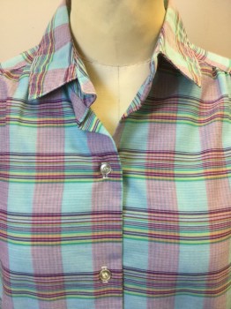 FIRE ISLAND, Aqua Blue, Pink, Magenta Purple, Teal Green, Yellow, Cotton, Polyester, Plaid, Short Sleeve Button Front, Collar Attached