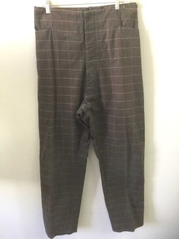 Mens, Historical Fiction Pants, N/L, Brown, Black, Caramel Brown, Cotton, Plaid-  Windowpane, Plaid, Ins:32, W:32, Brown with Black and Caramel Plaid/Windowpane, Button Fly, Suspender Buttons at Outside Waist, 2 Front Pockets, Belted Back, Reproduction,Old West