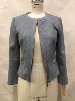 Womens, Blazer, TED BAKER, Heather Gray, Synthetic, Geometric, S, Heather Gray with Geometric Texture, Zip Front, Ribbon Trim & Ribbon Bows