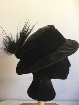 MTO, Black, Dk Green, Cotton, Solid, Dark Green Velvet, So Dark You Think It's Black, Black Velvet Wrapped Around the Crown of the Hat, Black Feather Spray on Right Side,