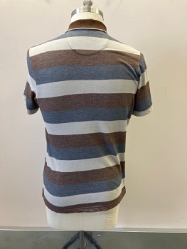 TASSO ELBA, Navy Blue, Gray, Brown, Polyester, Cotton, Stripes - Horizontal , Jersey Knit, Rib Knit CA, 3 Btns with Solid Gray Placket, S/S