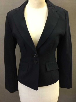 Womens, Suit, Jacket, ANN TAYLOR, Midnight Blue, Wool, Spandex, Solid, 2, Single Breasted, Notched Lapel, 2 Buttons,  2 Pockets, Black Faille Trim