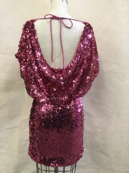 Womens, Cocktail Dress, AQUA, Pink, Sequins, Solid, 0, Oval Paillettes, Draped Cowl Front and Back Neck, Cap Sleeves, Elastic Waist, Mini, Attached Slip