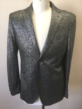 Mens, Sportcoat/Blazer, TALLIA, Black, Silver, Modal, Tencel, Stripes - Static , Abstract , 40R, Black with Silver Metallic Static Streaks/Splotches Pattern, Single Breasted, Notched Lapel, 3 Welt Pockets, 2 Silver Metal Buttons with Shield Embossed, Multiples,