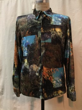 Mens, Casual Shirt, POSITANO, Green, Brown, Blue, Black, Yellow, Synthetic, Graphic, M, Multi Color Nature Print, Button Front, Collar Attached, Long Sleeves, Crushed Velvet