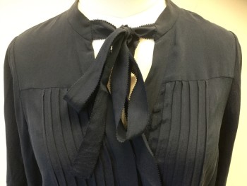 ELIE TAHARI, Navy Blue, Silk, Solid, Long Sleeves, Button Front, Pin Tucks,  Tie at Neck
