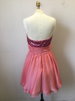 Womens, Cocktail Dress, CINDY, Baby Pink, Hot Pink, Polyester, Sequins, Solid, L, Flamingo Pink Poly Satin with Hot Pink Sequinned Bustline, Strapless. Tiered Skirt Gathered to Waist. Zipper Center Back, with Matching Scarf