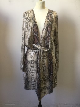 Womens, Cocktail Dress, MISSGUIDED, Tan Brown, Black, Brown, Polyester, Sequins, Reptile/Snakeskin, 8, with Clear Sequin Overlay, Deep V-neck, Long Sleeves, Hem Above Knee,  Knotted Top at Waist