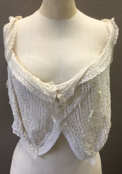 N/L, Cream, Cotton, Silk, Sheer Cream Lace Net with Cream Silk Satin Woven Ribbon Vertical Stripes, Sleeveless, 1" Wide Straps, Scoop Neck, Hidden Snap Closures at Front, **Cream Silk Ribbon Has Worn Away in Several Spots, Mended at Underarm