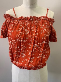 PAPER MOON, Orange, White, Khaki Brown, Rayon, Floral, Peasant Style, Spaghetti Straps with Off Shoulder, Short Sleeves, Elastic Waist