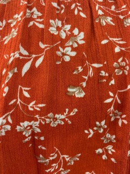 PAPER MOON, Orange, White, Khaki Brown, Rayon, Floral, Peasant Style, Spaghetti Straps with Off Shoulder, Short Sleeves, Elastic Waist