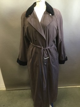 Womens, Coat, Trenchcoat, LONDON FOG, Brown, Black, Cotton, Polyester, Solid, Sz 16, XL, B 44, Black Velvet Quilted Collar and Cuffs, Double Breasted, Belt, Removable Charcoal Wool Lining