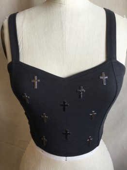 TEENAGE RUNAWAY, Faded Black, Cotton, Spandex, Solid, Sweet Heart Neckline, 1" Straps, 1" Straps Work Back, Cropped, Metal "cross" All Over Front
