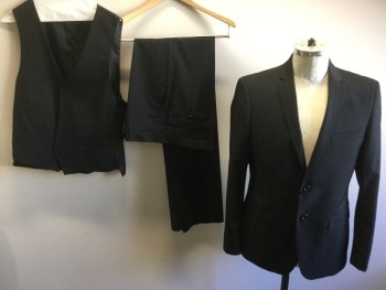Mens, Suit, Jacket, NEEDLE & STITCH, Black, Polyester, Viscose, 40R, Ultra Slim, Single Breasted, 2 Buttons,  Notched Lapel, Gabardine,