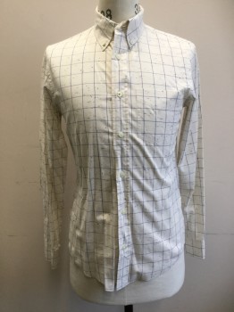 JACK SPADE, White, Blue, Cotton, Mottled, Grid , Button Front, Collar Attached, Button Down Collar, Long Sleeves, 1 Pocket