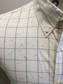 JACK SPADE, White, Blue, Cotton, Mottled, Grid , Button Front, Collar Attached, Button Down Collar, Long Sleeves, 1 Pocket