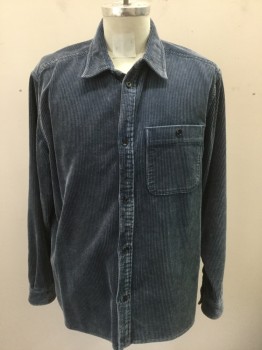 BDG, Slate Blue, Cotton, Solid, Heavy Corduroy Shirt-Jacket, Long Sleeve Button Front, Collar Attached, 1 Pocket with Button Closure