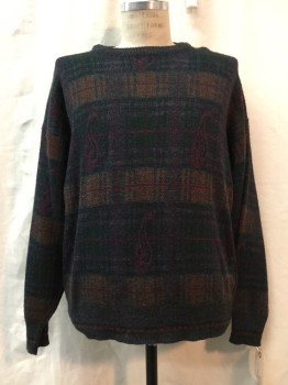Mens, Pullover Sweater, SAVILE ROW, Charcoal Gray, Forest Green, Brown, Red Burgundy, Wool, Acrylic, Plaid, Paisley/Swirls, L, Charcoal, Forrest Green, Brown, Burgundy Plaid with Burgundy Paisley Print, Crew Neck,