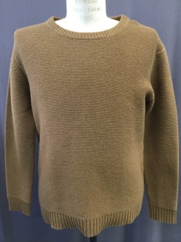 Mens, Pullover Sweater, GANT, Camel Brown, Wool, Solid, L, Crew Neck, Knit Stitch