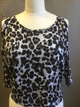 AMBIANCE APPAREL, Gray, Black, White, Rayon, Animal Print, Leopard Print, Ballet Neck, Open Shoulders, 3/4 Sleeves