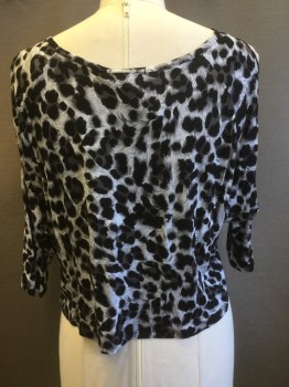 Womens, Top, AMBIANCE APPAREL, Gray, Black, White, Rayon, Animal Print, L, Leopard Print, Ballet Neck, Open Shoulders, 3/4 Sleeves