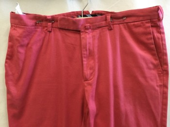 Mens, Casual Pants, BROOKS BROTHERS, Salmon Pink, Cotton, Spandex, Solid, 34, 34, Dark Salmon, Flat Front, Zip Front, 4 Pockets