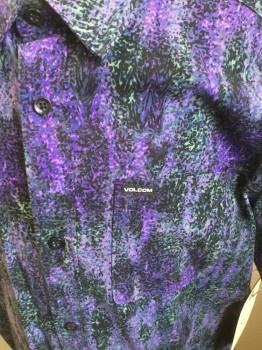 VOLCOM, Purple, Lavender Purple, Black, Sea Foam Green, Gray, Cotton, Abstract , Short Sleeves, Button Front, Collar Attached, Pocket,