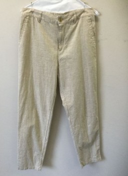 Womens, Casual Pants, UNIQLO, Oatmeal Brown, Linen, Cotton, Solid, M, High Waist, Tapered Leg, Elastic at Center Back Waist, Zip Fly, 4 Pockets, Belt Loops
