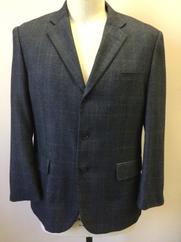 FAZZI SPORT, Navy Blue, Lt Blue, Wool, Grid , Single Breasted, Collar Attached, Notched Lapel, 3 Pockets, 3 Buttons