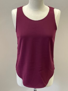 Womens, Shell, THEORY, Aubergine Purple, Polyester, Solid, S, Pullover, Round Neck, CB Slit with Hook & Eye, High-Low Hem