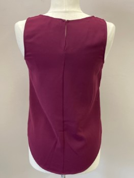 Womens, Shell, THEORY, Aubergine Purple, Polyester, Solid, S, Pullover, Round Neck, CB Slit with Hook & Eye, High-Low Hem