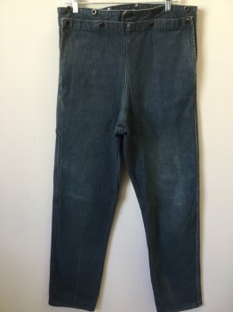 N/L, Denim Blue, Cotton, Solid, Barn Door Front, Suspender Buttons, 4 Pockets, Aged/Distressed,  Cute Old Timey Work Jeans
